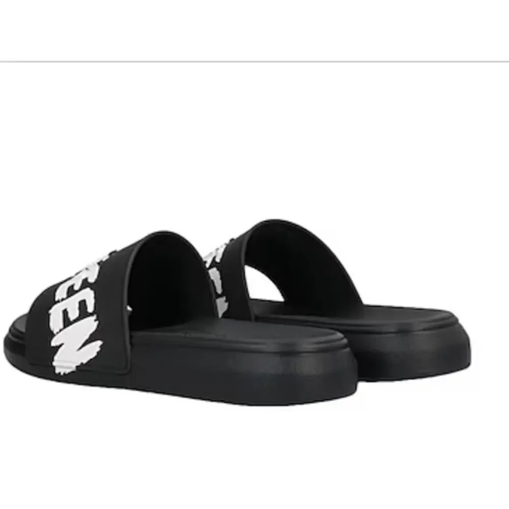 $350 Alexander McQueen Graffiti Rubber Pool Slides Black White Sandals Size 43.5